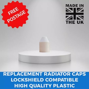 May include: A beige and white replacement radiator cap made of high-quality plastic. The product is displayed on a white platform. The image includes the text "REPLACEMENT RADIATOR CAPS LOCKSHIELD COMPATIBLE HIGH QUALITY PLASTIC", a "FREE POSTAGE" graphic, and a "MADE IN THE UK" graphic.