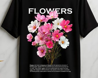 Black T-Shirt for Men, Women, and Children, featuring Pink Flowers, Plants, and Nature