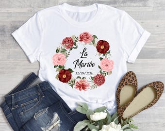 Personalized White T-Shirt for Women - Hen Party/Wedding - The Bride - Customizable with your name or text - Flower Crown