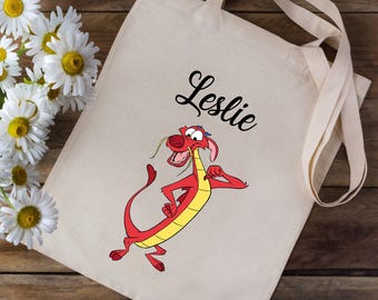 Tote bag gepersonaliseerd met je voornaam - mushu mulan disney - school kleuterschool kinderen