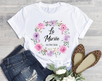 Personalized White T-Shirt for Women - Hen Party/Wedding - The Bride - Customizable with your name or text - Flower Crown