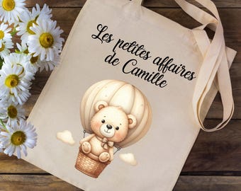 Tote bag personalized with your first name - pink fairy - hot air balloon bear