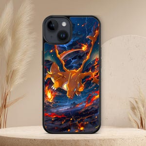 May include: Black phone case featuring a vibrant illustration of a Charizard, a fiery orange dragon-like creature, set against a dramatic backdrop of a stormy, fiery sky. The case has a sleek, black frame.