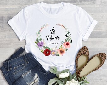 Personalized White T-Shirt for Women - Hen Party/Wedding - The Bride - Customizable with your name or text - Flower Crown