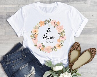 Personalized White T-Shirt for Women - Hen Party/Wedding - The Bride - Customizable with your name or text - Flower Crown