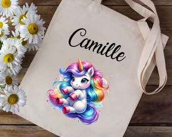Tote bag personalized with your first name - cute kawaii unicorn - school nursery children