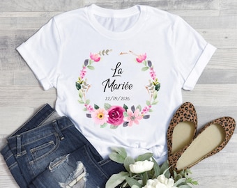 Personalized White T-Shirt for Women - Hen Party/Wedding - The Bride - Customizable with your name or text - Flower Crown