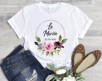 Personalized White T-Shirt for Women - Hen Party/Wedding - The Bride - Customizable with your name or text - Flower Crown