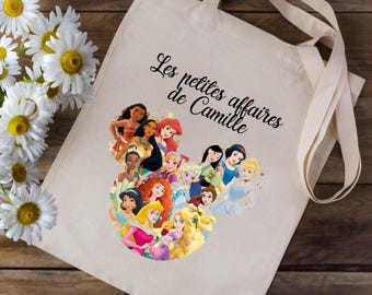 Tote bag personalized with your first name - Disney princesses Ariel Belle Aurora - school nursery children