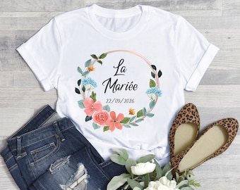 Personalized White T-Shirt for Women - Hen Party/Wedding - The Bride - Customizable with your name or text - Flower Crown