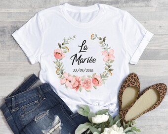 Personalized White T-Shirt for Women - Hen Party/Wedding - The Bride - Customizable with your name or text - Flower Crown