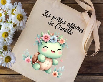 Tote bag personalized with your first name - cute turtle - school nursery children