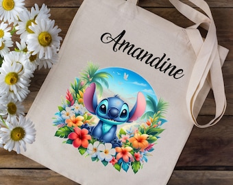 Tote bag personalized with your first name - lilo and stitch disney tropical flowers - school nursery children