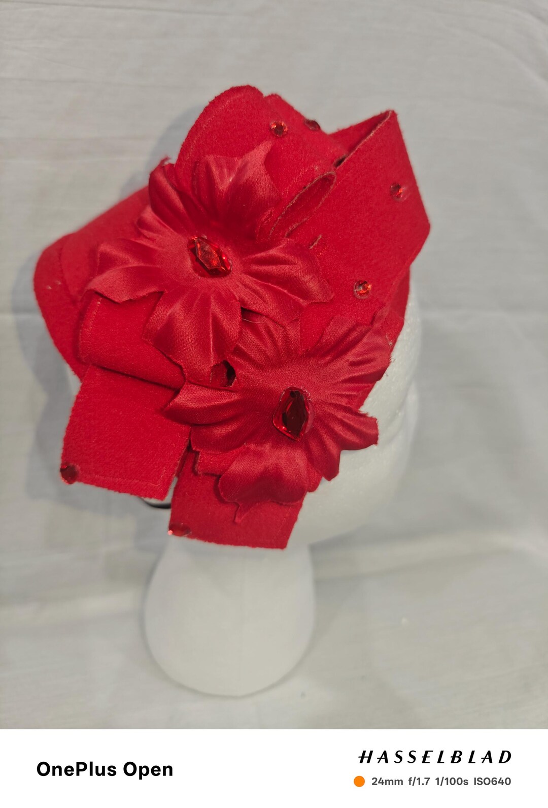 Elegant Red Floral Statement Hat With Satin Blooms and Gem  display picture 2