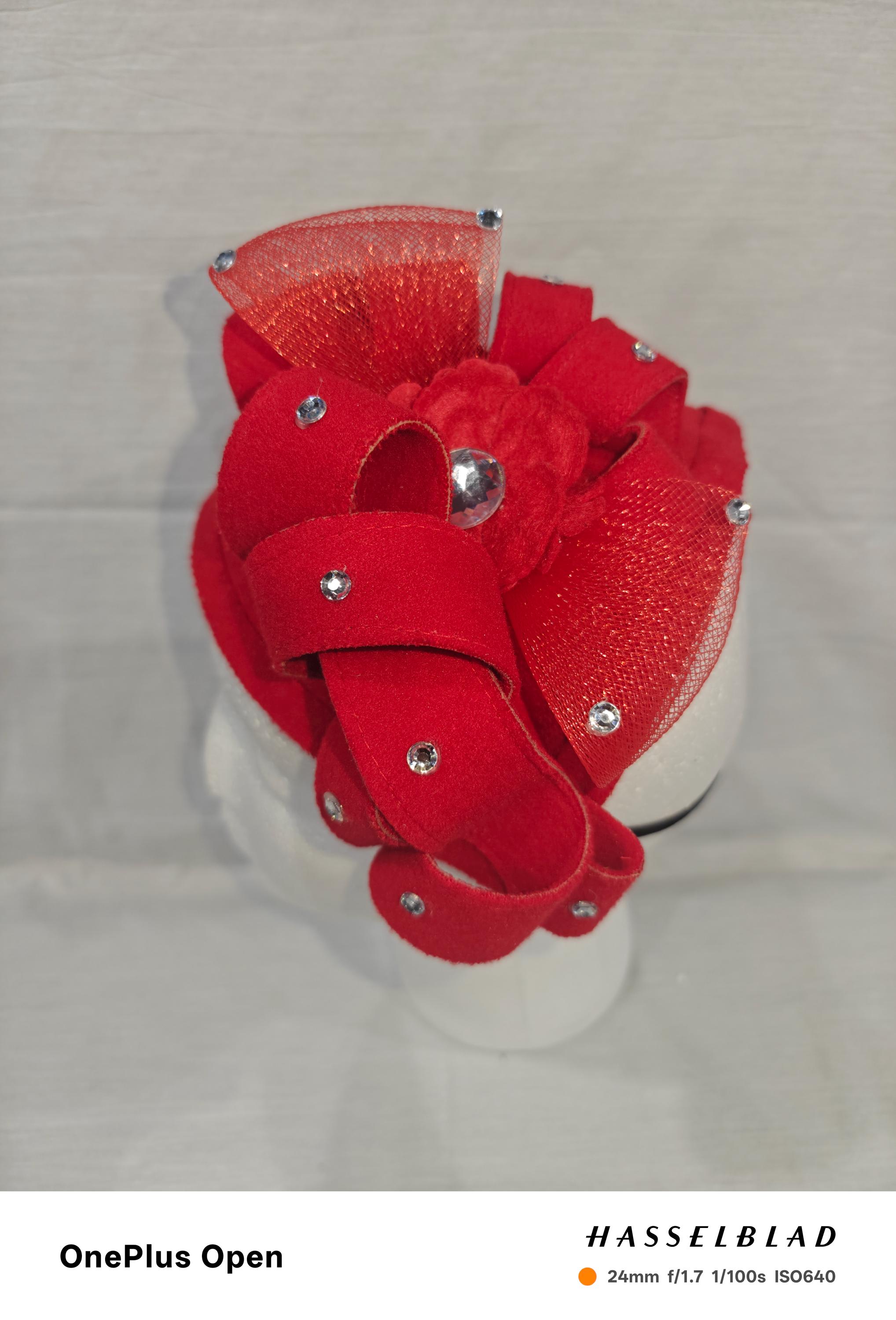 Elegant Red Floral Statement Hat With Satin Blooms and Gem  display picture 3