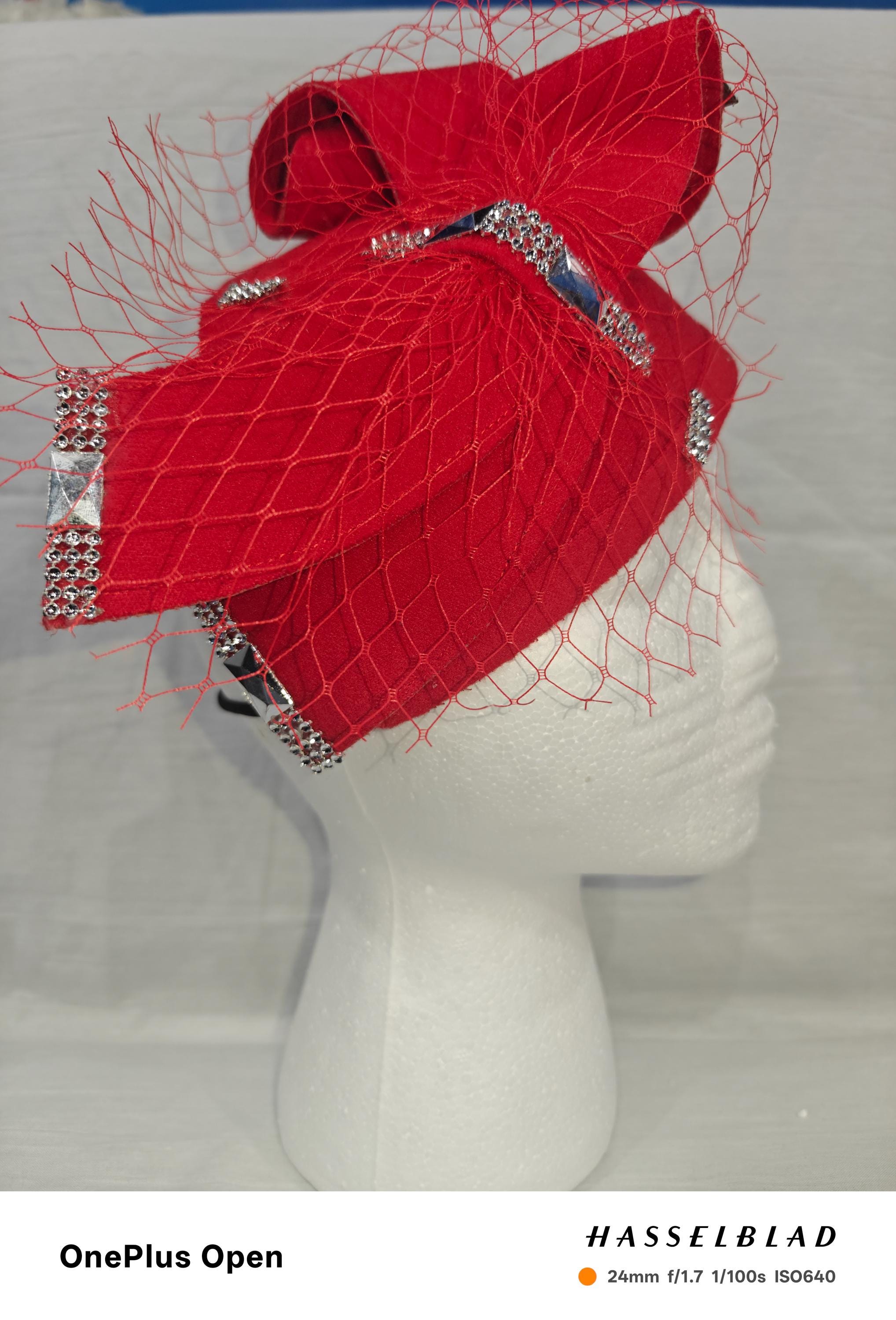 Elegant Red Floral Statement Hat With Satin Blooms and Gem  display picture 2