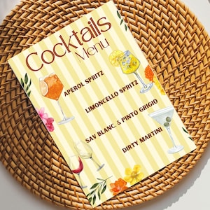 Bearbeitbares Canva Cocktial-Menü für italienisch-griechische Junggesellenabschiede, Spritzpartys und Abendessen zum Thema Zitrusfrüchte - ausdrucken oder digital teilen.
