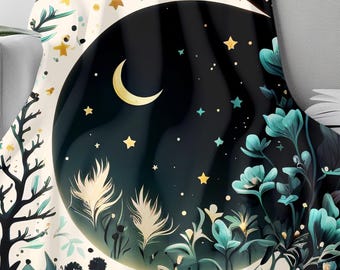 Couverture sherpa en molleton floral croissant de lune | Jeté ciel nocturne croissant de lune