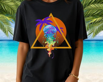 Quallen-Shirt | Retro-T-Shirt mit tropischem Sonnenuntergang | Geschenk für Meeresliebhaber | Shirt mit Meeresmotiv | Strandurlaubs-Shirt