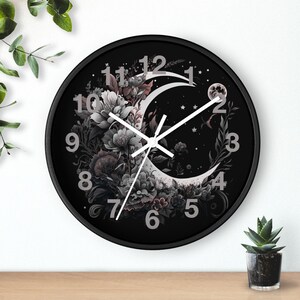 Gothic Moon Wall Clock, Celestial Dark Floral Clock, Witchy Home Decor