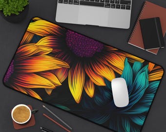 Sunflower and Teal Floral Desk Mat | Vibrant Flower Mouse Pad