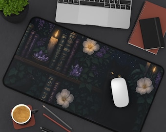 Tapete de escritorio botánico de brujas / Gato negro, cuervo negro, cristales y velas, decoración de Halloween para el hogar, accesorio de escritorio de oficina, material para altar wiccano