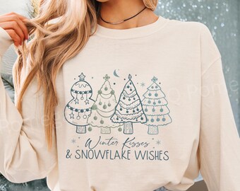 à manches longues Winter Kisses & Snowflake Wishes | Illustration d'arbre de vacances