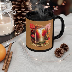 Autumn Wishes Black Mug | Cozy Fall Coffee Cup | Seasonal Drinkware for Thanksgiving, Halloween, Autumn Decor, Gift Idea