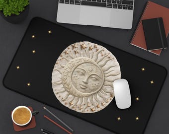 Celestial Desk Mat, Sun Moon Desk Pad, Boho Office Desk Mat, Mystical Mouse Pad, Astrology Desk Decor, Writer Gift