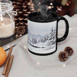 Winter Wonderland Scene | Black Mug - Cozy Hot Beverage Cup for Christmas, Holidays, Gift for Nature Lovers, Winter Decor, Scenic Coffee Mug
