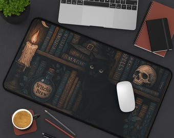 Alfombrilla de escritorio con brebaje de bruja, decoración de oficina de estética oscura, alfombrilla de ratón con gato y vela, regalo de Halloween, estación de trabajo para hechiceros.