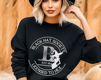 Black Hat Society Crewneck Sweatshirt, Unisex Pullover, Cozy Sweatshirt for Halloween, Gift for Gamers, Licensed to Hex Apparel