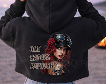 Sudadera corta con capucha y estampado gráfico "One Badass Beyotch"
