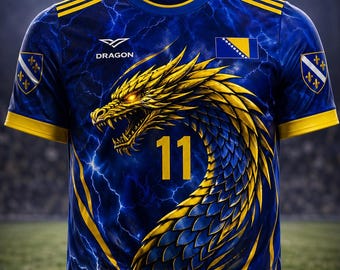 Bosnien-Herzegowina Fußballfan-Trikot mit Rundhalsausschnitt - Benutzerdefinierter Name & Nummer 3D Fußball-Shirt