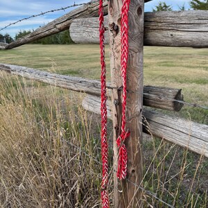 May include: A red and white braided rope leash hangs from a weathered wooden fence post. The leash is made of a thick, durable material and features a silver-colored metal clasp. The background shows a grassy field and a cloudy sky.