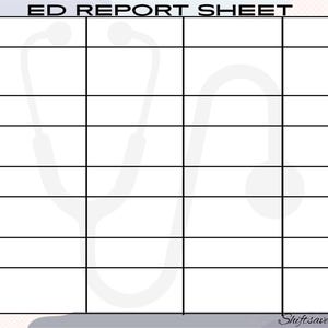 May include: A white ED Report Sheet with black text and a stethoscope graphic. The sheet is divided into sections for patient information, including complaint, meds, vitals, and a to-do list. The text "ED REPORT SHEET" is at the top.