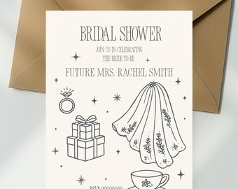 May include: A bridal shower invitation with the text "BRIDAL SHOWER" and "FUTURE MRS. RACHEL SMITH". The invitation features line art of a ring, gifts, a veil, and a teacup. The invitation is on a cream background with a brown envelope.