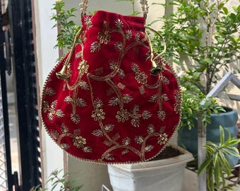 Embroidered Velvet Potli Bag: Ethnic Drawstring Pouch, Wedding Favor