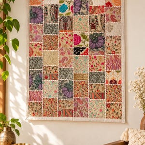 Handmade Indian Sari Patchwork Wall Tapestry | Embroidered Boho Ethnic Home Decor | 36x24 inches
