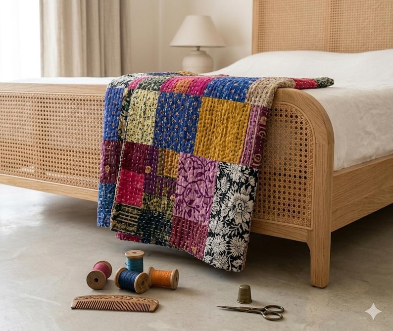 May include: A colorful patchwork quilt with squares of various fabrics in shades of blue, yellow, pink, and black, draped over a light wood bed frame. Spools of thread and a wooden comb are on the floor.