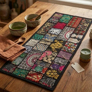 May include: A rectangular table runner featuring a patchwork design of various embroidered fabric squares in vibrant colors including gold, pink, green, and silver, with intricate beadwork and metallic thread detailing on a black fabric base.