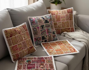 Handgemachter Indischer Patchwork Kissenbezug 16x16, Boho Quilted Quilt Kissen