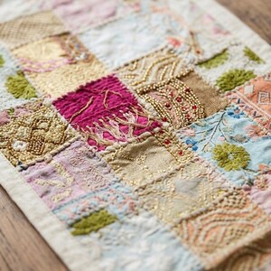 Peut inclure: Un chemin de table textile rectangulaire compos&eacute; d'un patchwork de panneaux de tissu carr&eacute;s. Le motif int&egrave;gre diverses textures, notamment des broderies m&eacute;talliques dor&eacute;es, des perles, des broderies florales et des carr&eacute;s de tissu rose, bleu et vert.