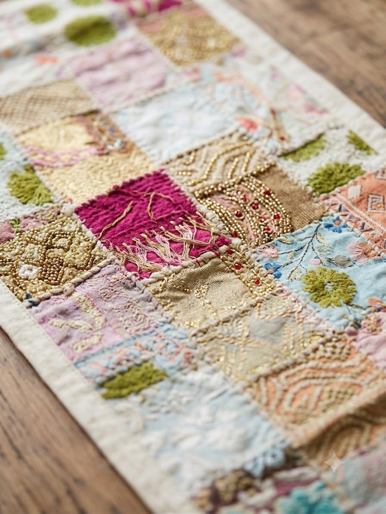 Peut inclure: Un chemin de table textile rectangulaire compos&eacute; d'un patchwork de panneaux de tissu carr&eacute;s. Le motif int&egrave;gre diverses textures, notamment des broderies m&eacute;talliques dor&eacute;es, des perles, des broderies florales et des carr&eacute;s de tissu rose, bleu et vert.