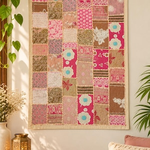 Handmade Indian Patchwork Tapestry, Vintage Sari Fabric Wall Decor, Boho Textile Art (90x60 cm)