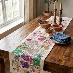 60x15 Patchwork Table Runner | Vintage Sari Fabric | Bohemian Dining Room Decor | Indian Textiles