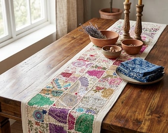 60 x 15 patchwork tafelloper | Vintage saristof | Boho-eetkamerdecoratie | Indiase textiel