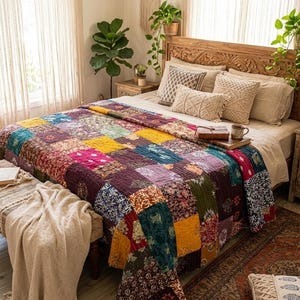 May include: A patchwork quilt featuring a variety of colourful fabric squares with floral and geometric patterns in shades of yellow, deep red, purple, and teal, draped over a bed with neutral-toned pillows and a wooden headboard in a bedroom.