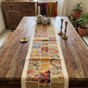 Patchwork Embroidered Table Runner, Bohemian Mixed Fabric Dining Decor