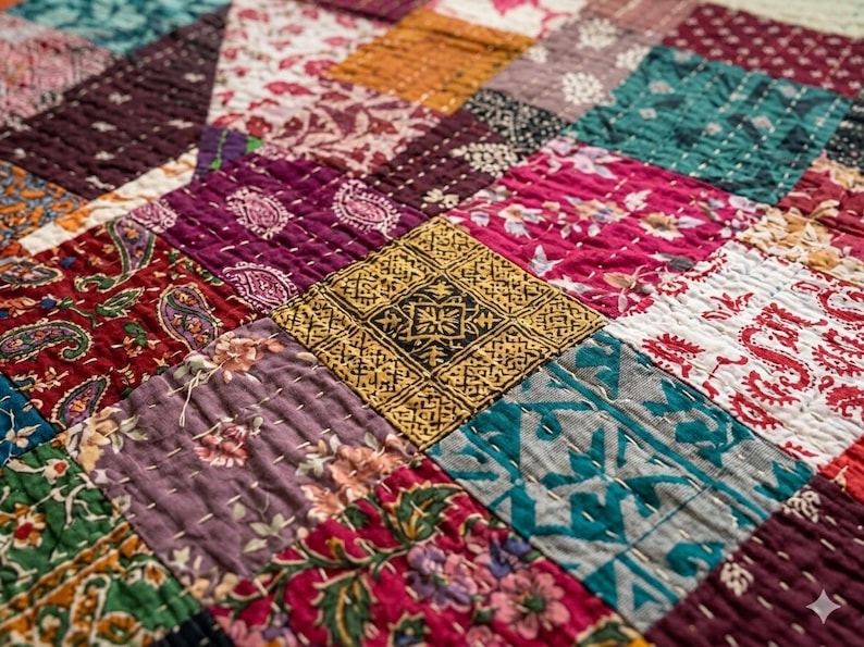 Puede incluir: Una colcha de patchwork compuesta por diversos parches de tela cuadrados en colores variados como rojo oscuro, amarillo mostaza, azul verdoso y morado. Cada cuadrado muestra distintos patrones florales, de cachemira y geom&eacute;tricos con puntadas blancas.